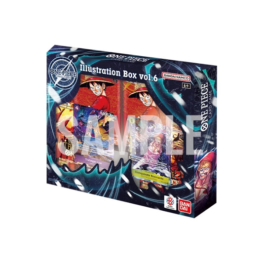 One Piece Card Game Illustration Box Vol. 6 featuring Luffy artwork, four booster packs, and two promotional cards.