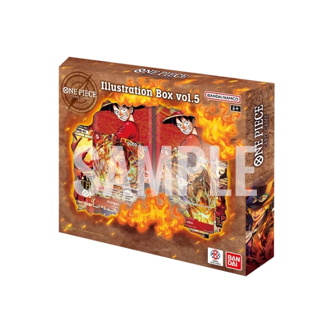 One Piece Card Game Illustration Box Vol. 5 featuring vibrant Luffy and Sabo character artwork with fiery orange accents.