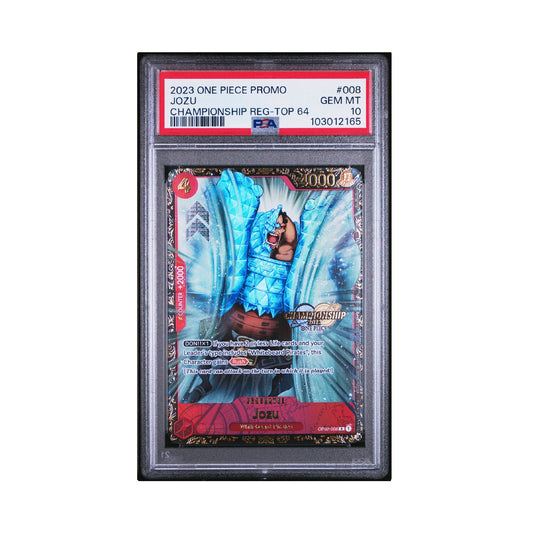 PSA 10 graded Jozu OP02-008 One Piece promo card featuring a blue diamond-armored character in a clear plastic slab.