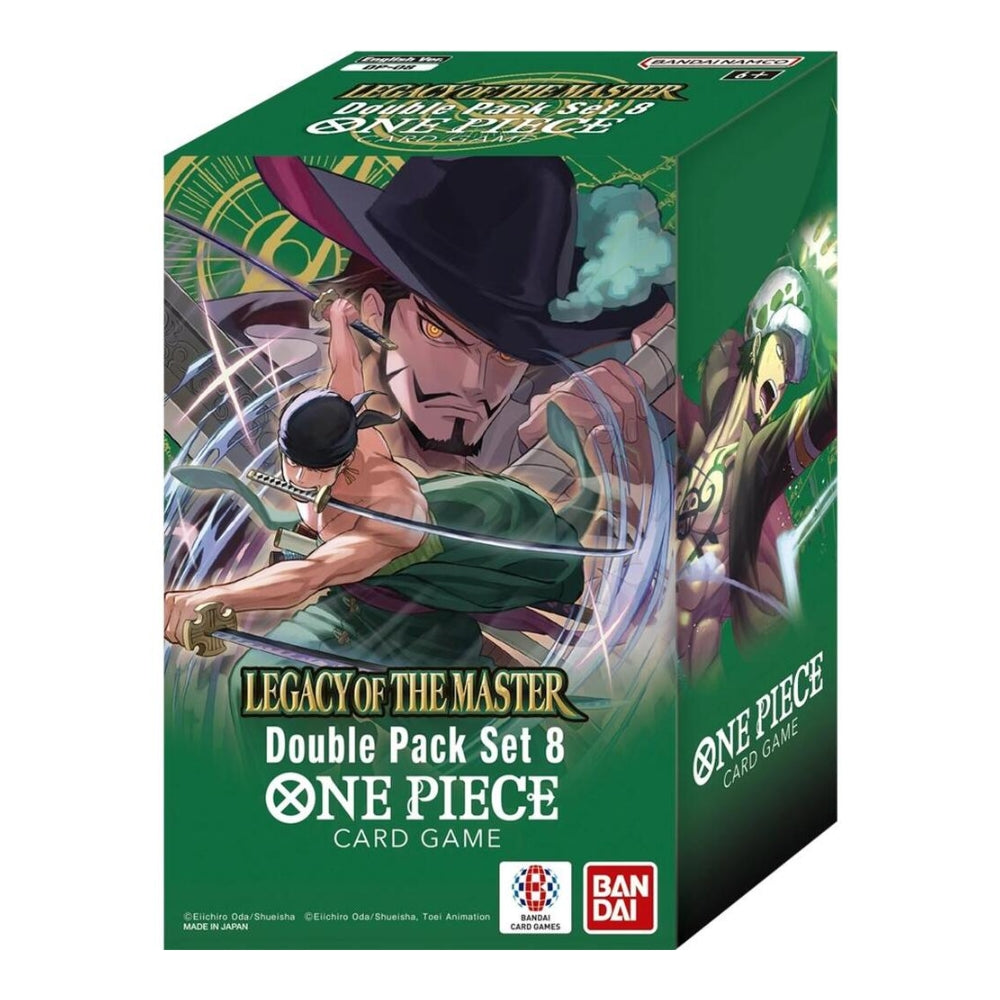 Green One Piece Legacy of the Master Double Pack Set 8 box featuring Mihawk and Zoro illustrations.