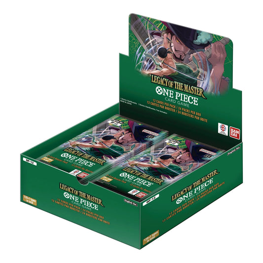 Green One Piece Card Game Legacy of the Master OP-12 booster box featuring Zoro and Mihawk artwork.