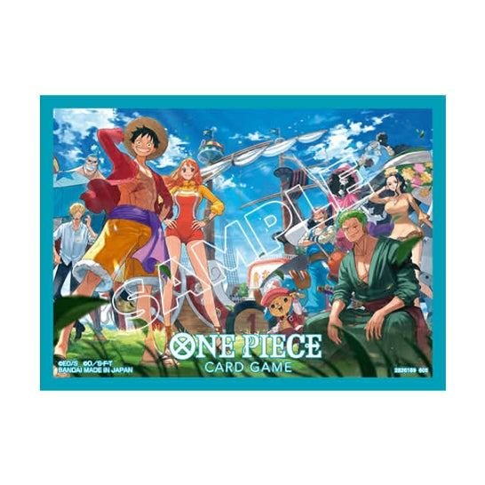 One Piece Championship 2025 card sleeves featuring an anime illustration of the Straw Hat crew on a vibrant blue background.