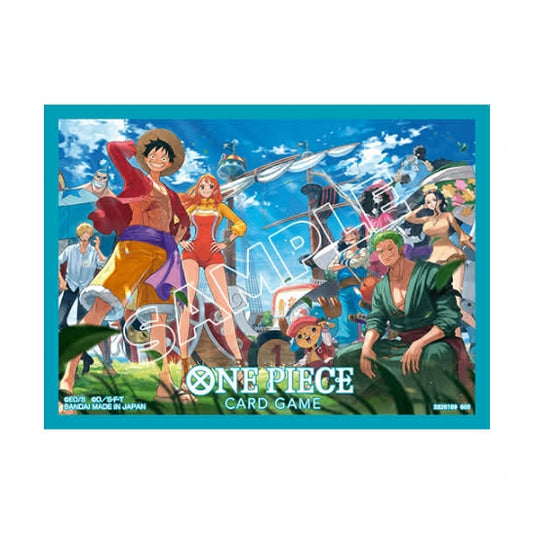 One Piece Championship 2025 card sleeves featuring an anime illustration of the Straw Hat crew on a vibrant blue background.