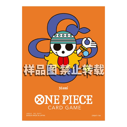 Orange One Piece Card Game matte sleeves featuring a Nami-themed Jolly Roger design and official branding.