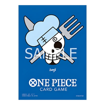 Blue matte One Piece card sleeve featuring Sanji’s chef-themed Jolly Roger skull logo with a knife and fork.
