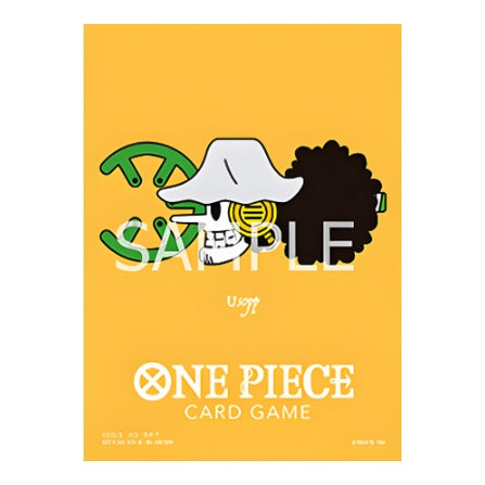Yellow One Piece Card Game matte sleeves featuring a stylized Usopp Jolly Roger design and official branding.