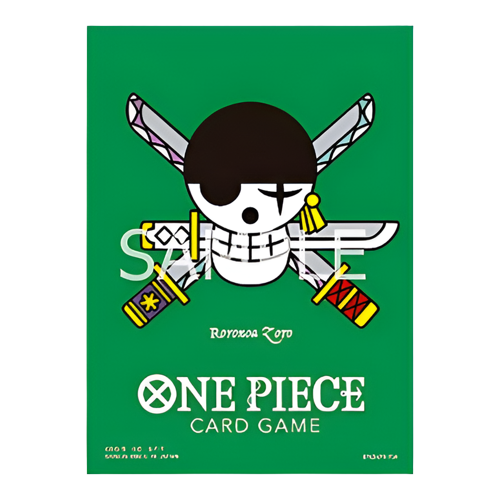Matte green One Piece card sleeve featuring a Roronoa Zoro Jolly Roger design with crossed swords and white logo text.