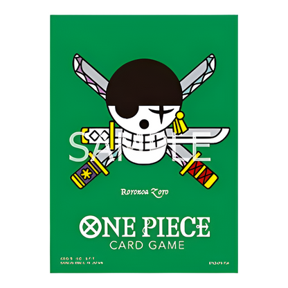 Matte green One Piece card sleeve featuring a Roronoa Zoro Jolly Roger design with crossed swords and white logo text.