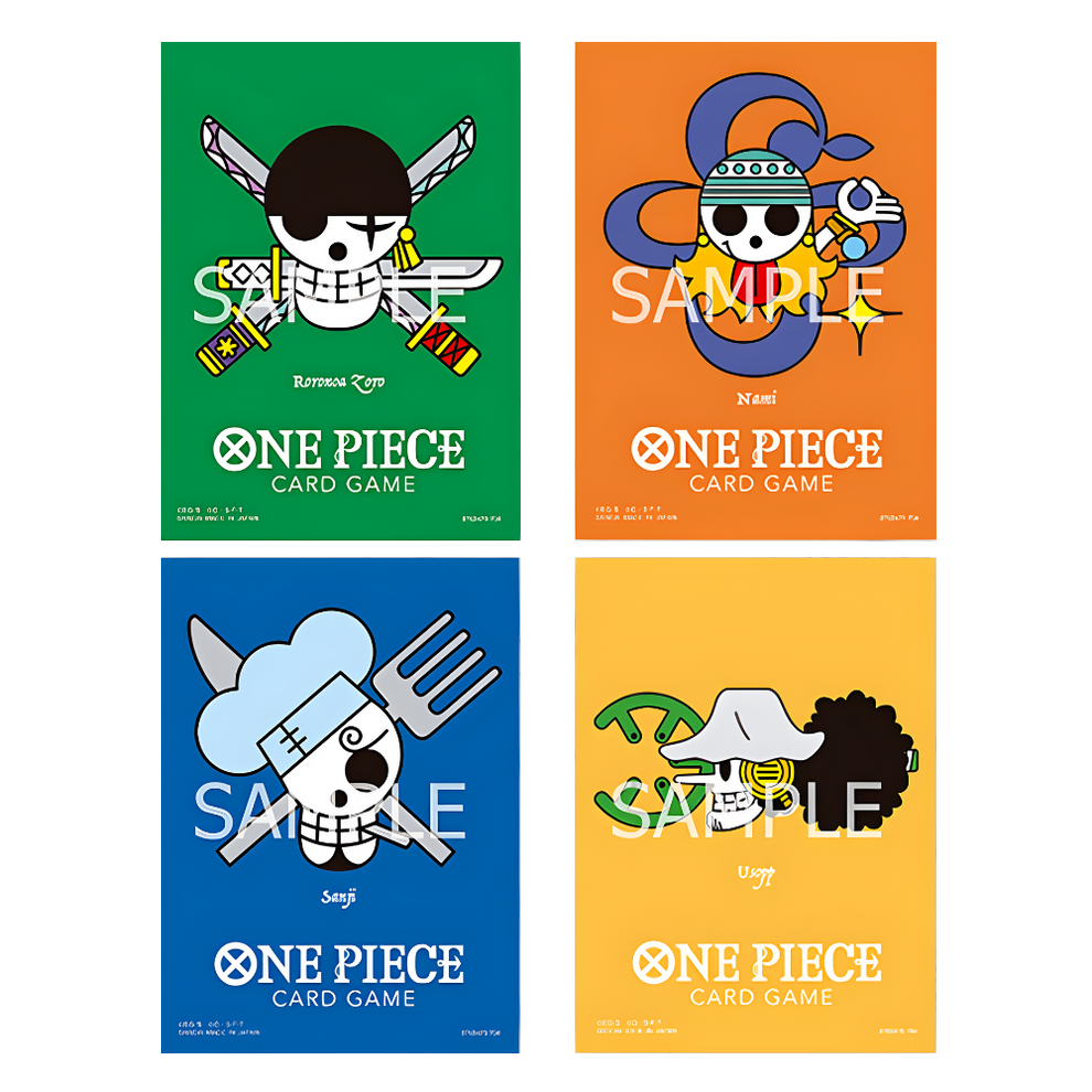 Four One Piece matte card sleeves featuring colorful Jolly Roger designs for Zoro, Nami, Sanji, and Usopp.