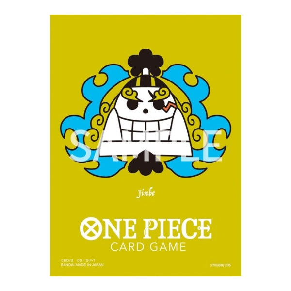 One Piece Card Game matte sleeve featuring a yellow background and Jinbe’s Jolly Roger emblem in blue and white.