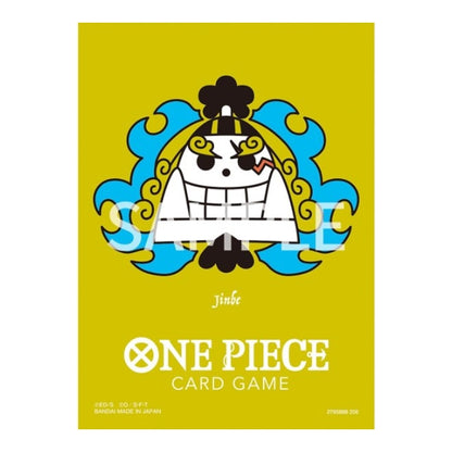 One Piece Card Game matte sleeve featuring a yellow background and Jinbe’s Jolly Roger emblem in blue and white.