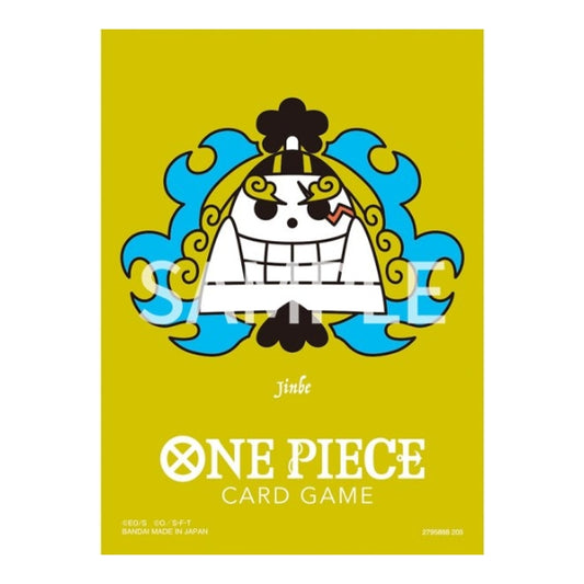 One Piece Card Game matte sleeve featuring a yellow background and Jinbe’s Jolly Roger emblem in blue and white.