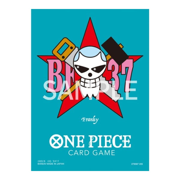Teal One Piece Card Game matte sleeve featuring Franky’s Jolly Roger, a red star, tools, and BF-37 text.