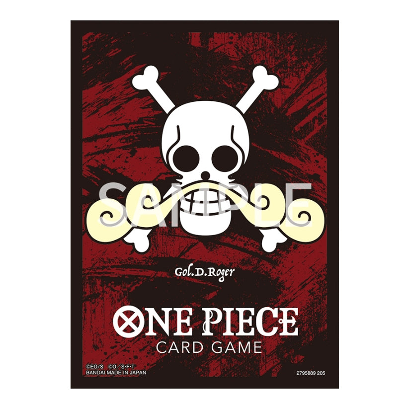 One Piece Card Game matte sleeve featuring Gol D. Roger's white skull and mustache emblem on a distressed red background.
