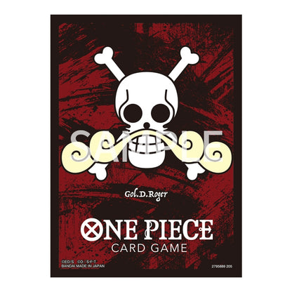 One Piece Card Game matte sleeve featuring Gol D. Roger's white skull and mustache emblem on a distressed red background.