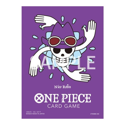 Purple One Piece Card Game matte sleeves featuring a Nico Robin-themed Jolly Roger skull design with multiple arms.