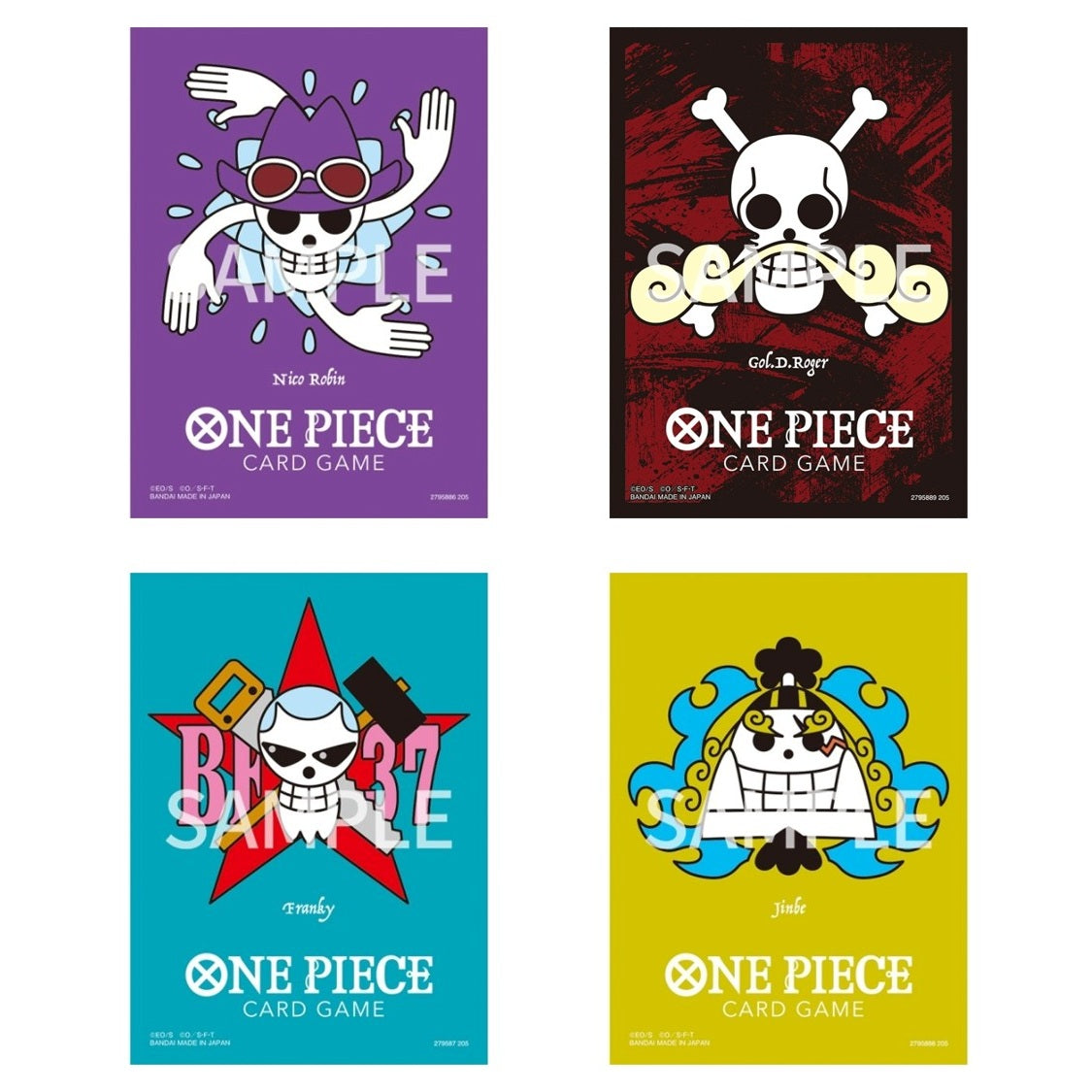 Set of four One Piece Card Game matte sleeves featuring colorful Jolly Roger designs for Nico Robin, Gol D. Roger, Franky, and Jinbe.