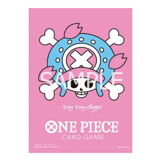 Pink One Piece Card Game matte sleeves featuring a blue Tony Tony Chopper Jolly Roger design and official branding.
