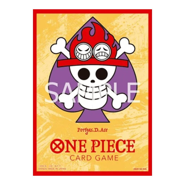 One Piece Card Game matte sleeve featuring the Portgas D. Ace Jolly Roger emblem on a yellow and red background.