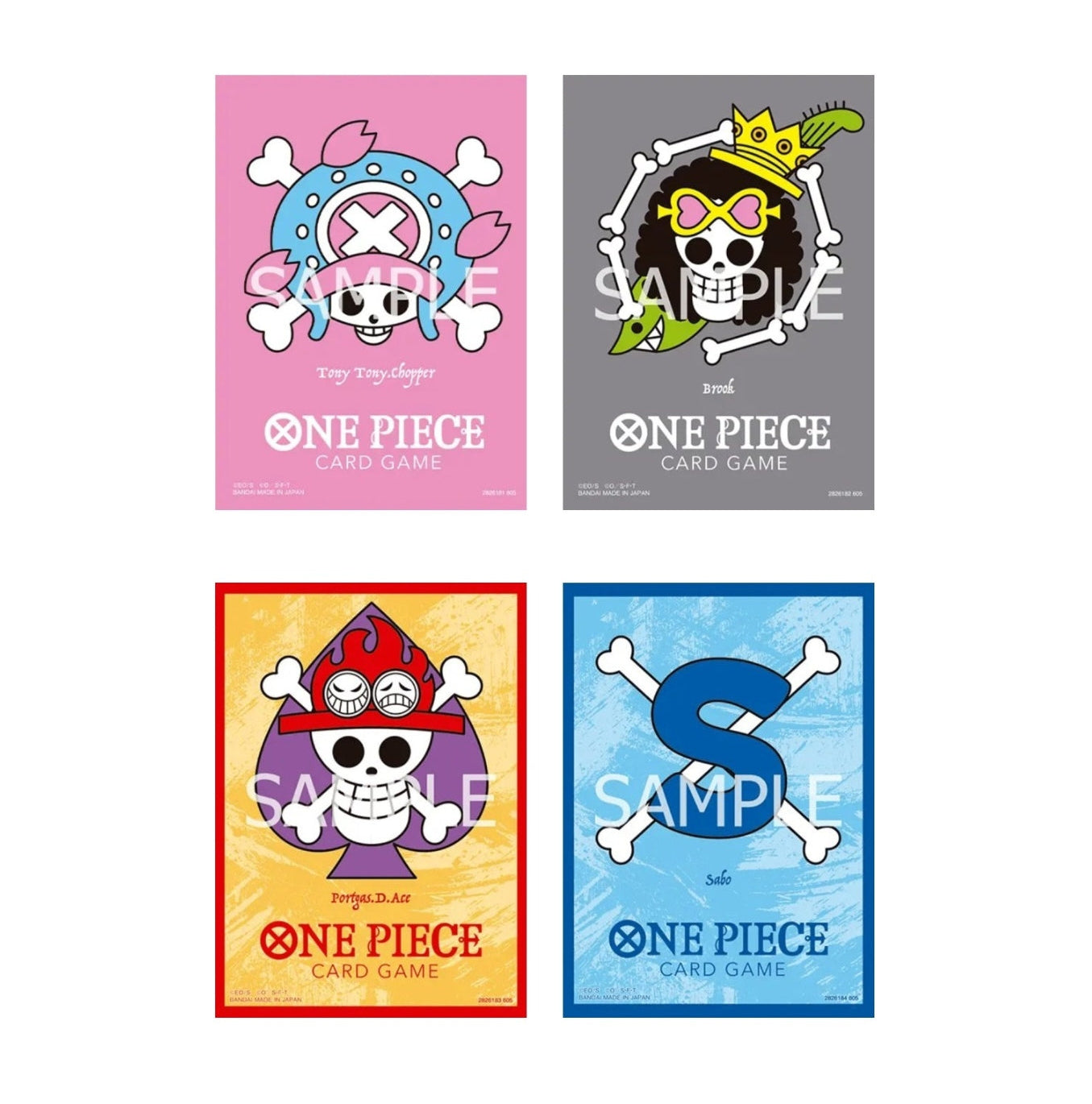 Four One Piece Card Game matte sleeves featuring colorful Jolly Roger designs of Chopper, Brook, Ace, and Sabo.