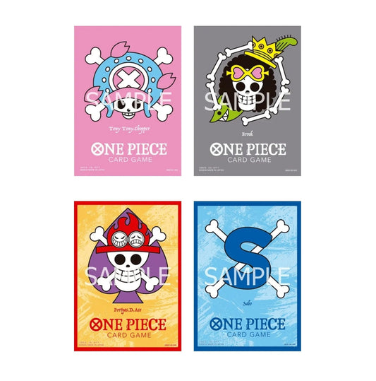 Four One Piece Card Game matte sleeves featuring colorful Jolly Roger designs of Chopper, Brook, Ace, and Sabo.