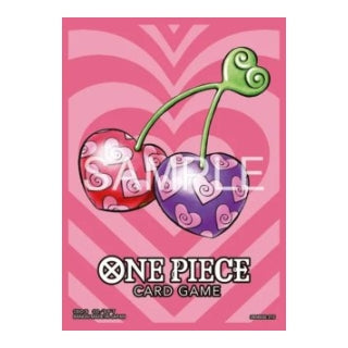 One Piece Card Game matte sleeves featuring a pink heart-patterned background and two heart-shaped cherry devil fruits.