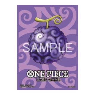 One Piece Card Game matte protective sleeves featuring a purple Devil Fruit design with a swirl pattern background.
