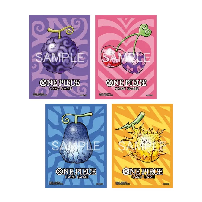 Set of four One Piece Card Game matte sleeves featuring colorful Devil Fruit designs in purple, pink, blue, and orange.