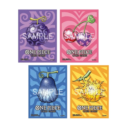 Set of four One Piece Card Game matte sleeves featuring colorful Devil Fruit designs in purple, pink, blue, and orange.