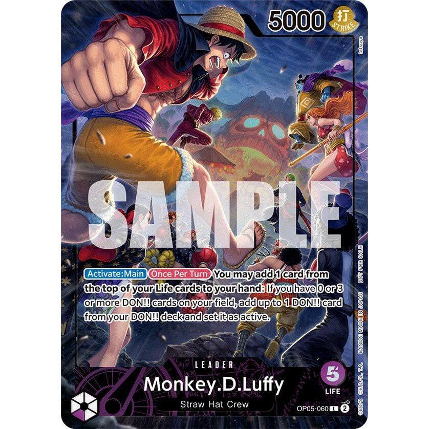 Luffy (2024 PSA Promo) OP05-060 Leader card, featuring Monkey D. Luffy in action with a straw hat.