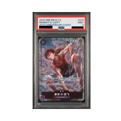 PSA 9 graded Chinese Monkey D. Luffy 2024 Xi'an Event promo card, OP03-070, featuring dynamic Luffy artwork in a slab.