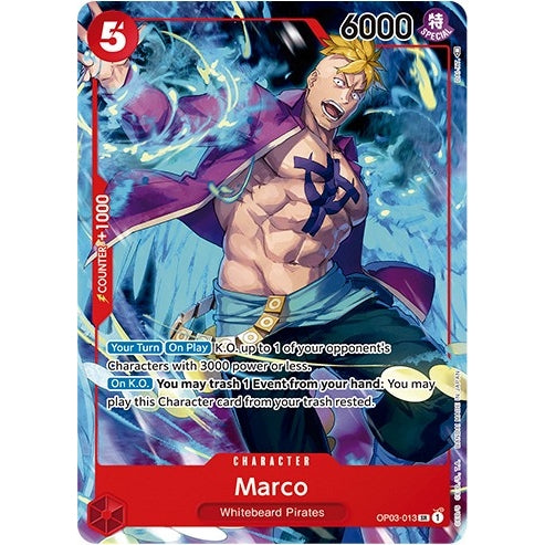 Marco One Piece Card Game promo card, featuring a muscular man with blonde hair and purple jacket.