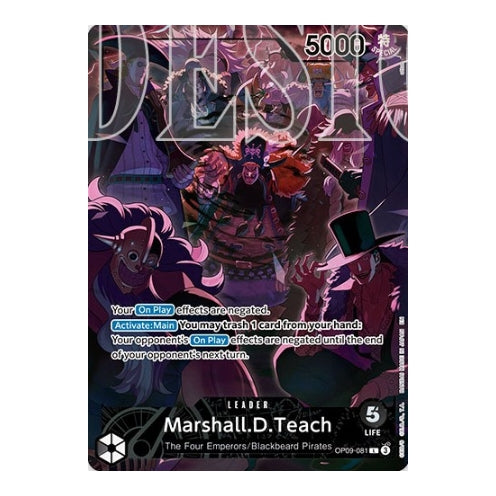 Marshall D. Teach OP09-081 leader card from One Piece Card Game featuring dark purple artwork of the Blackbeard Pirates.