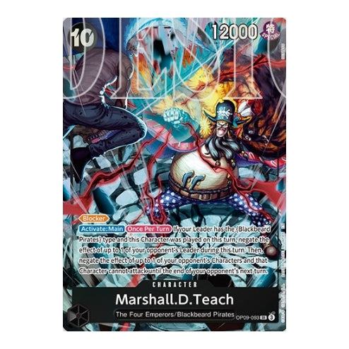 Marshall D. Teach OP09-093 One Piece card featuring dynamic Blackbeard battle art with vibrant red and blue energy effects.