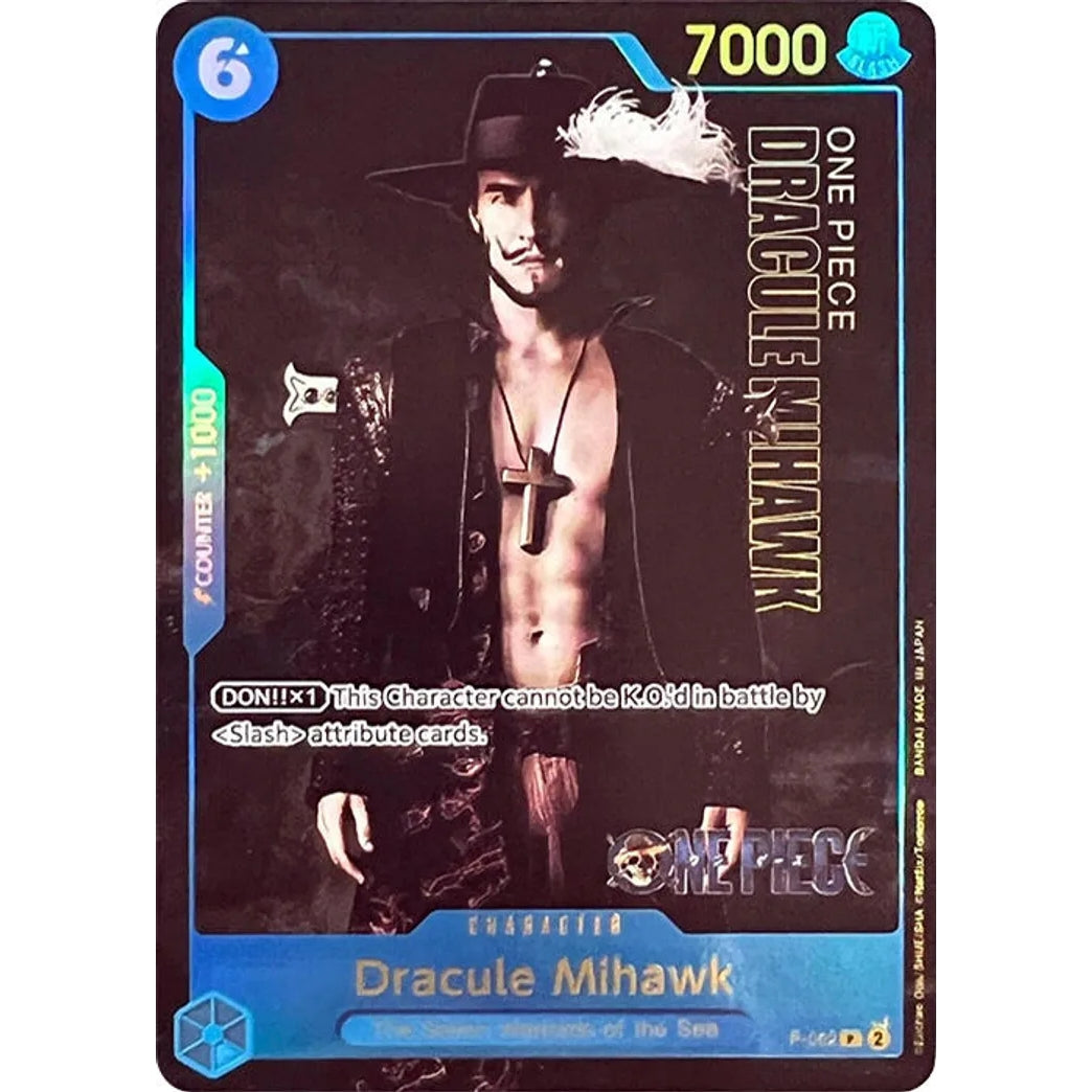 Mihawk P-052 Live Action One Piece trading card featuring Dracule Mihawk in a black hat, coat, and cross necklace.
