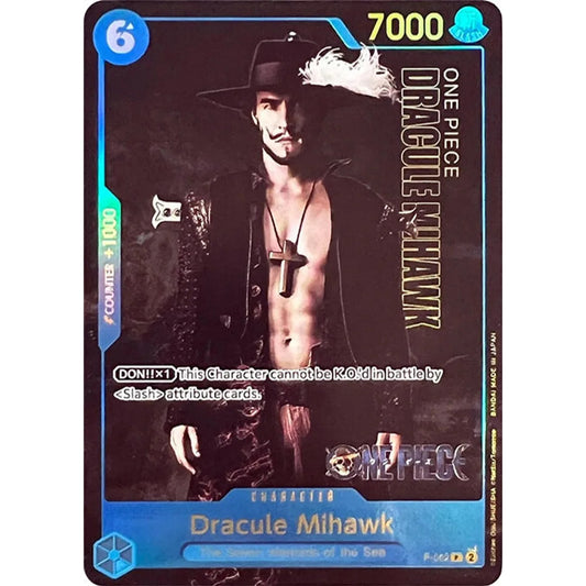 Mihawk P-052 Live Action One Piece trading card featuring Dracule Mihawk in a black hat, coat, and cross necklace.