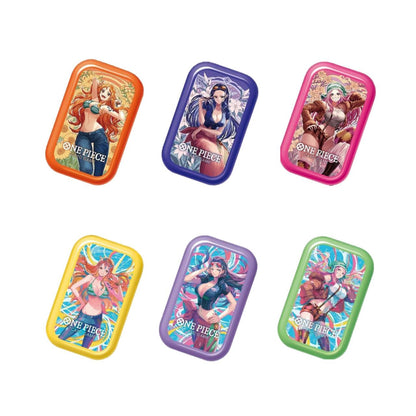 Six colorful One Piece Card Game mini tins featuring anime-style illustrations of female characters in vibrant frames.