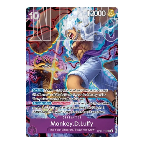Monkey D. Luffy Gear 5 card from One Piece OP05-119 with vibrant purple, blue, and gold artwork in near mint condition.