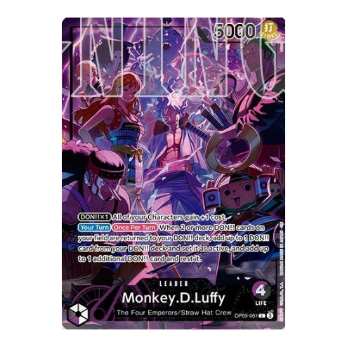Monkey D. Luffy OP09-061 2nd Anniversary card featuring a purple-toned illustration of the Straw Hat Crew.