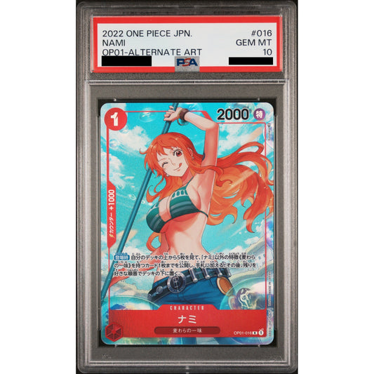 Graded Japanese One Piece Nami OP01-016 alternate art card, GEM MT 10, in a clear PSA slab.