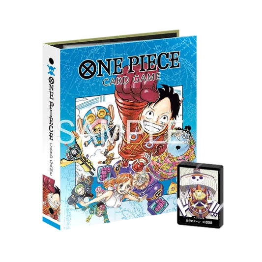 One Piece Card Game 9-pocket binder featuring Luffy and crew, includes 10 DON!! cards and refill pages.