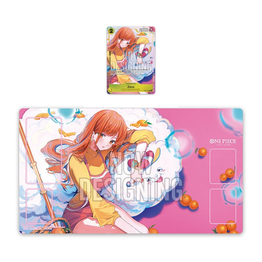One Piece Card Game playmat featuring Nami and Zeus on a pink background, 33x61cm rubber and polyester surface.