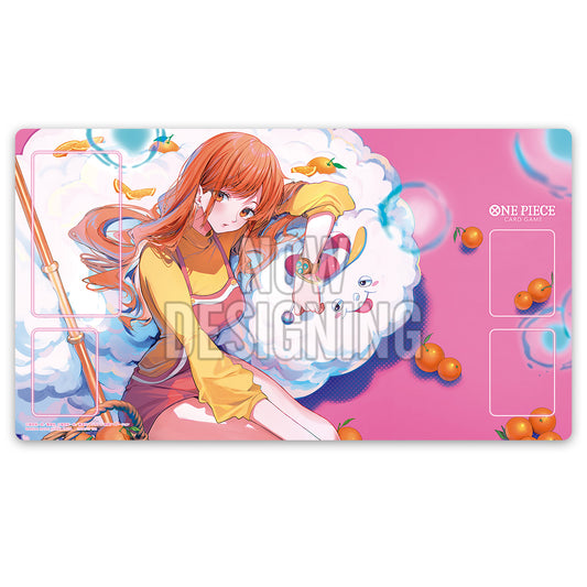 One Piece Card Game playmat featuring Nami on a pink background, 33x61cm polyester and rubber surface with game zones.
