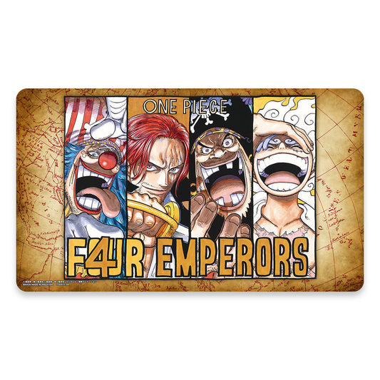 One Piece Four Emperors playmat, 33x61cm rubber and polyester mat featuring Buggy, Shanks, Blackbeard, and Luffy.