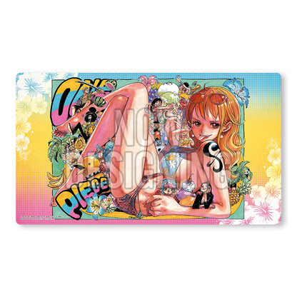 One Piece Limited Edition playmat featuring Nami and crew in a vibrant tropical design on durable rubber and polyester.