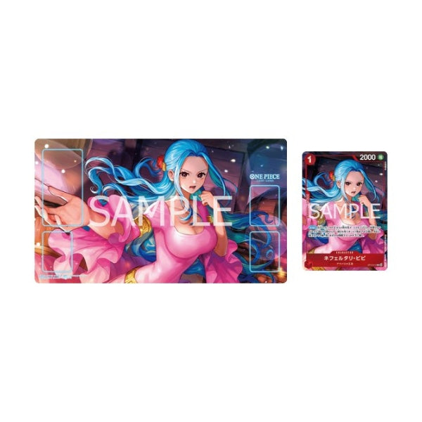 Nefertari Vivi polyester and rubber playmat, 33x61cm, featuring blue-haired Vivi in a pink dress for One Piece Card Game.