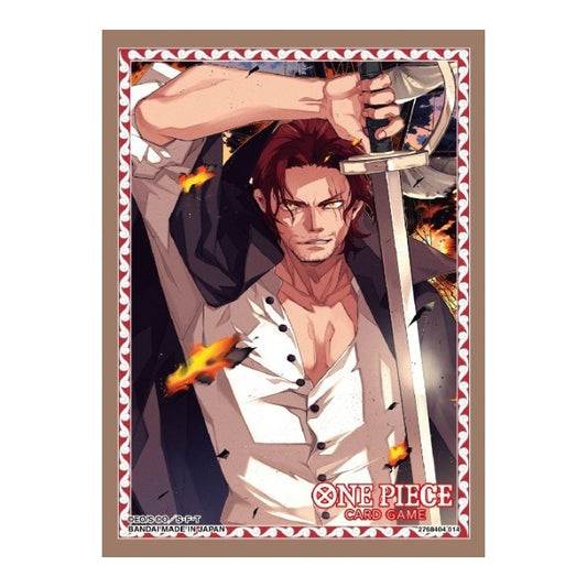 One Piece Card Game Vol. 10 protective sleeve featuring Shanks with a sword, framed by a decorative red and white border.