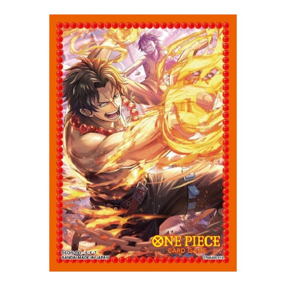 One Piece Card Game Vol. 10 protective sleeve featuring Ace and Luffy with orange borders and flame-themed artwork.