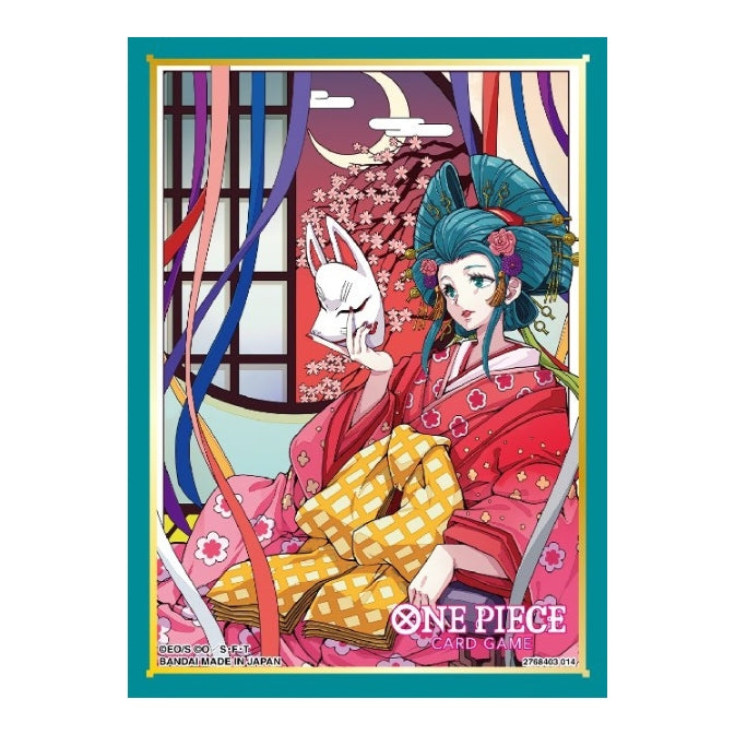 One Piece Card Game Vol. 10 protective sleeve featuring a woman in a red floral kimono holding a white fox mask.