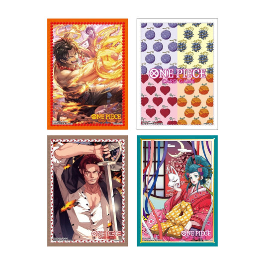 Four One Piece Card Game protective sleeve designs featuring Ace, Devil Fruits, Shanks, and a traditional Japanese theme.